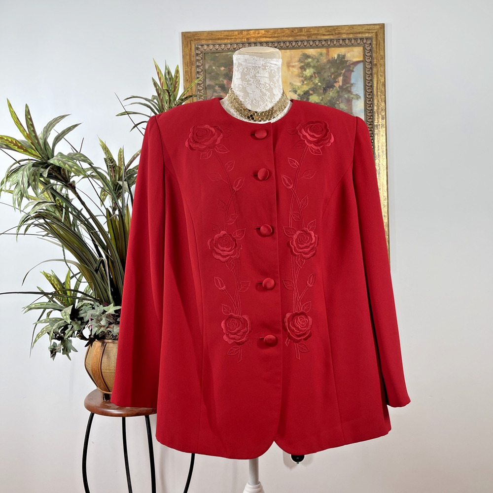 Le Suit II Women' 16W Red Floral Embroidered Button Blazer Jacket Career Holiday